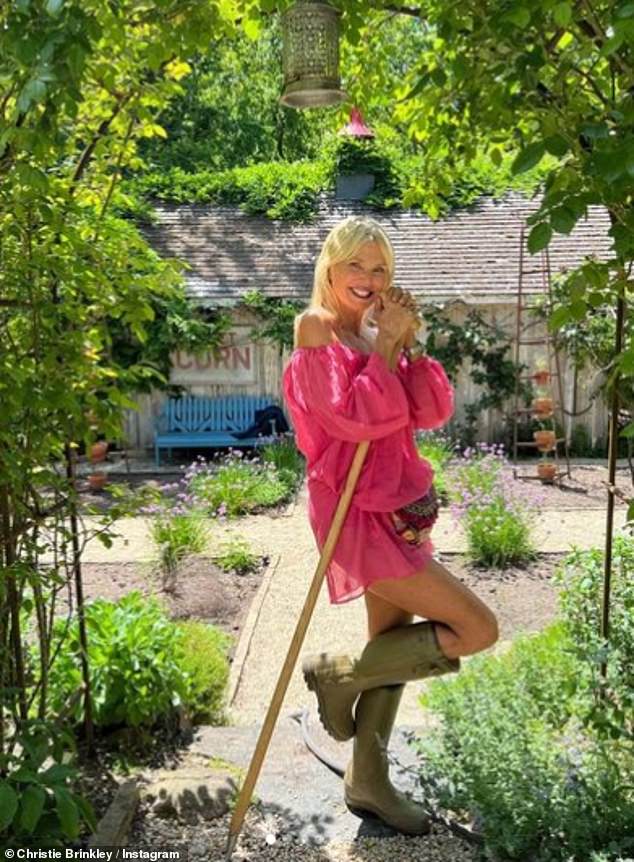 Kristi Brinkley, 68, flaunted her coordinating pins in a hot pink summer dress and good shoes while gardening.