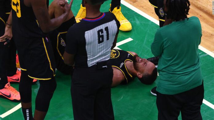 Steve Curry was injured in the Warriors' 116-100 loss to the Celtics

