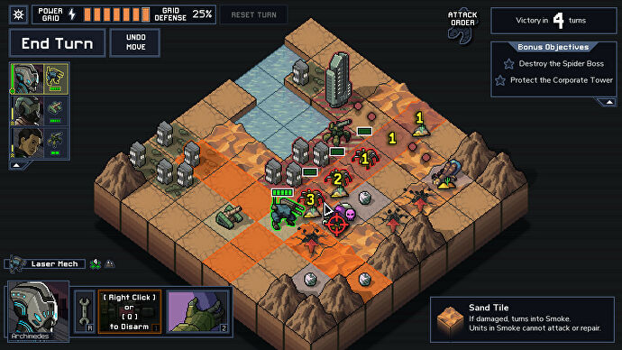 Mechs battle bugs in screenshot Into The Breach.