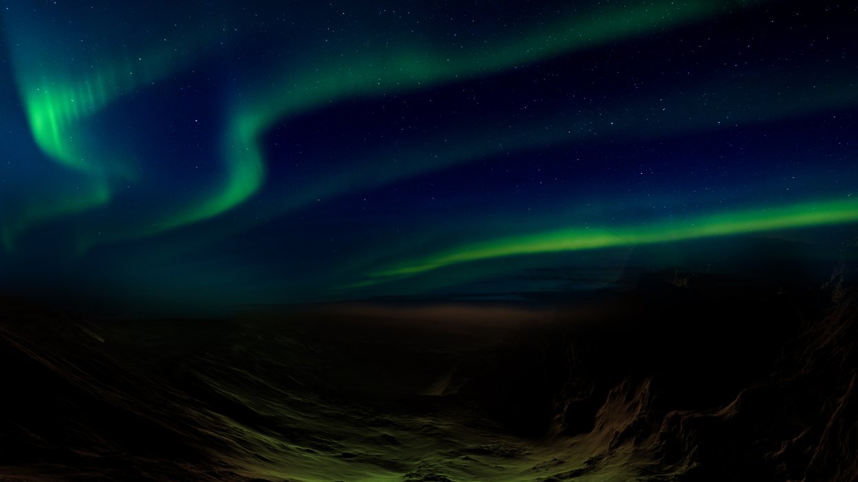 Green worm aurora borealis highlights the sky of Mars