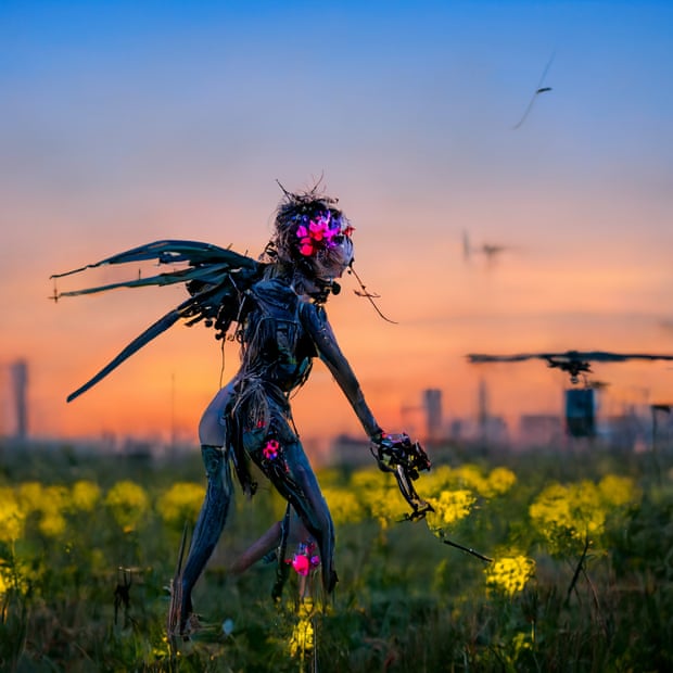 robotic figure with wing-like structures walking through flowers. the image looks like a photo