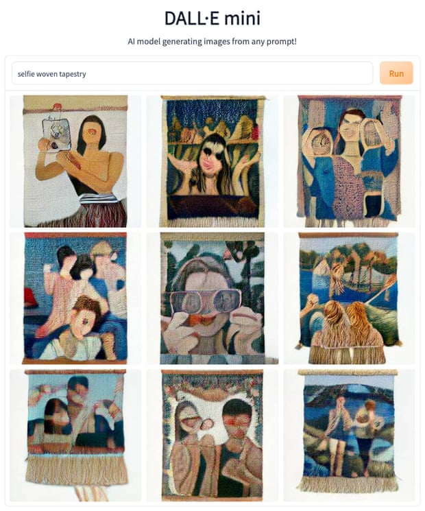 grid of nine images showing portraits of people that appear to be on tapestries