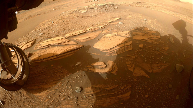An image of a sedimentary rock on Mars, taken by the Perseverance rover's hazard cameras