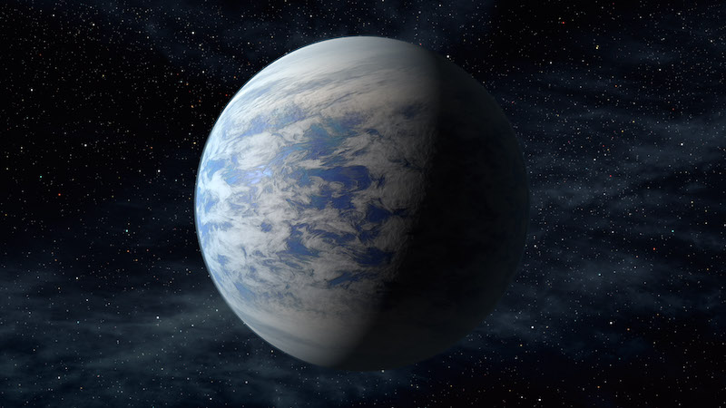 A planet with blue oceans and white clouds over most of its surface.