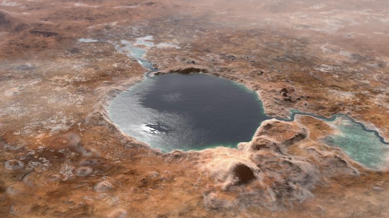 A round lake seen from above, and rivers flowing in it.