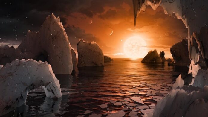 Life beyond Earth: Planet with water and rocky/icy outcrops, with bright sun and 3 other planets in the sky.