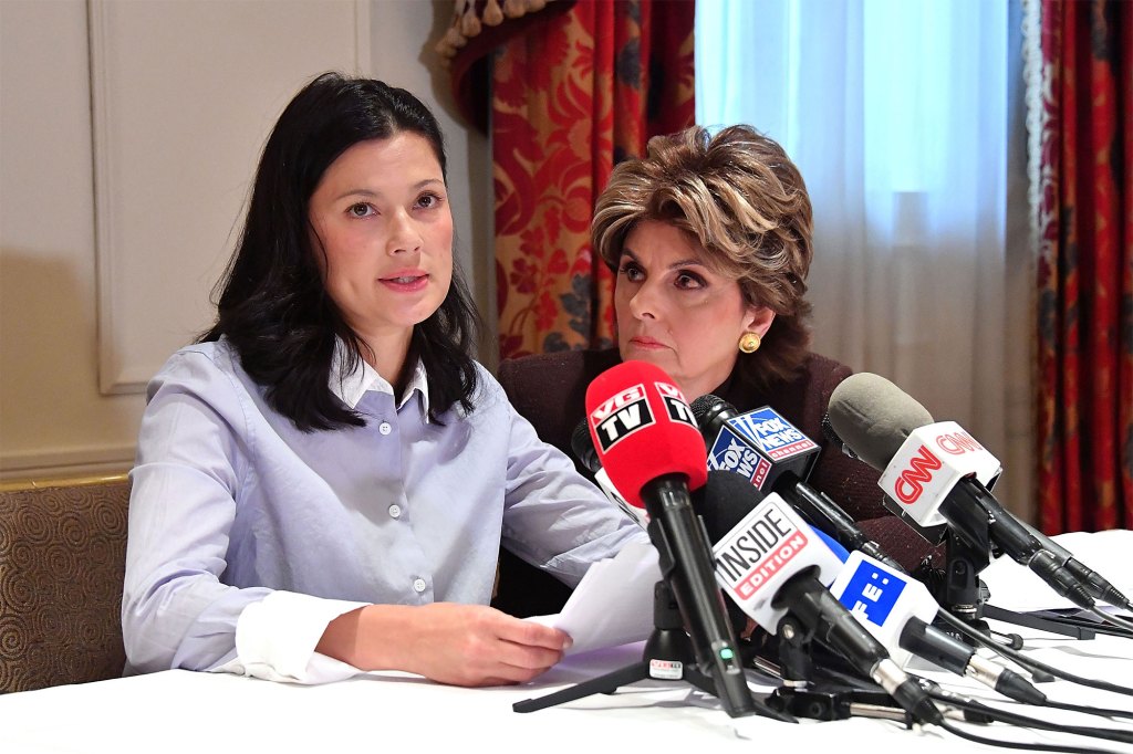 Natasia Malth (L) and Attorney Gloria Allred speak during a press conference held at Lotte New York Palace at Lotte New York Palace on October 25, 2017 in New York City.