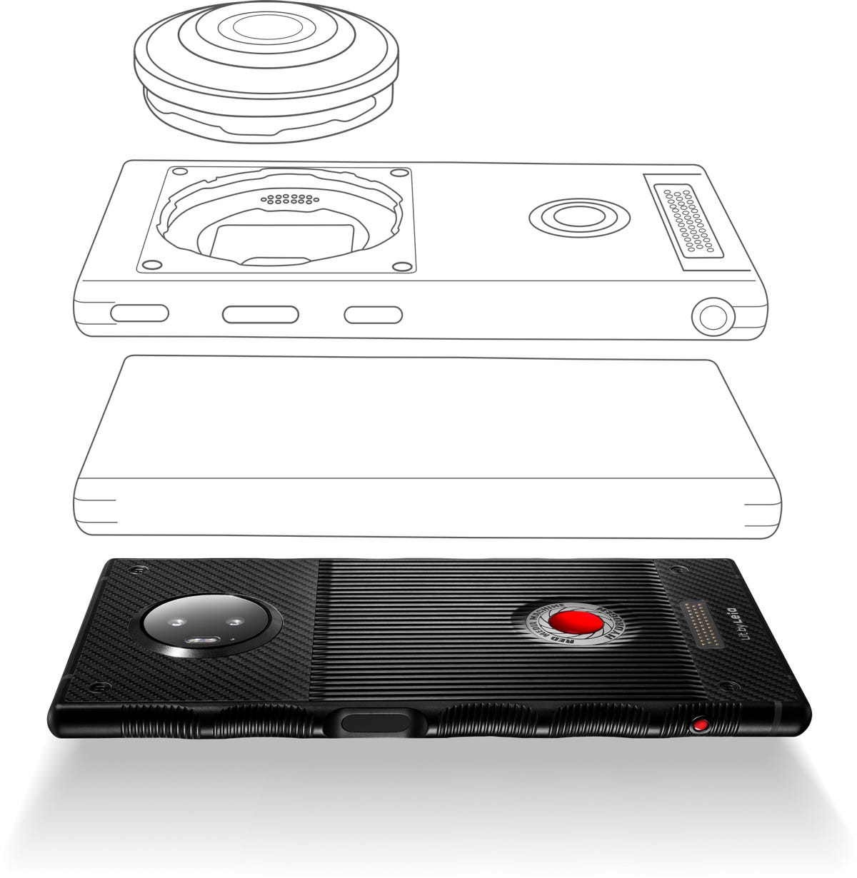 An illustration showing a Red Hydrogen One phone and possible attachments