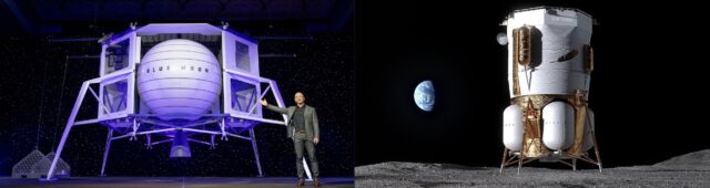 Changes to Blue Origin's lunar lander design are shown in this side-by-side comparison between 2019 (left) and today (right).