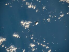 The photo taken by Japan Aerospace Exploration Agency astronaut Satoshi Furukawa shows a tool bag floating more than 200 miles above the Pacific Ocean.  The bag slipped away from two astronauts while they were performing maintenance work on the International Space Station.  November 2, 2023.