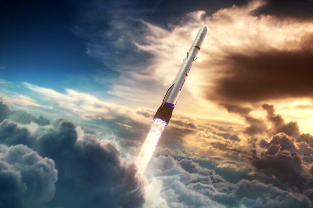 Artistic rendering of a New Glenn rocket in flight.