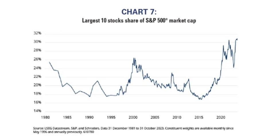 The top 10 stocks in the S&P 500 represent the largest share of the index's market capitalization in more than 40 years.
