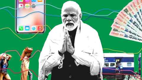 Montage of Narendra Modi, smartphone, Indian rupee, train and passengers