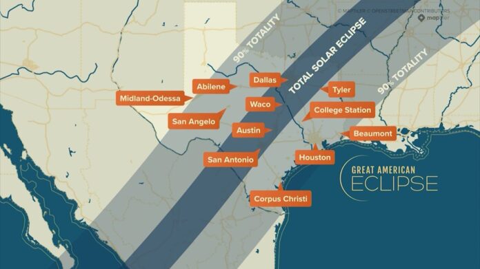 What time will the total solar eclipse start in Texas?

